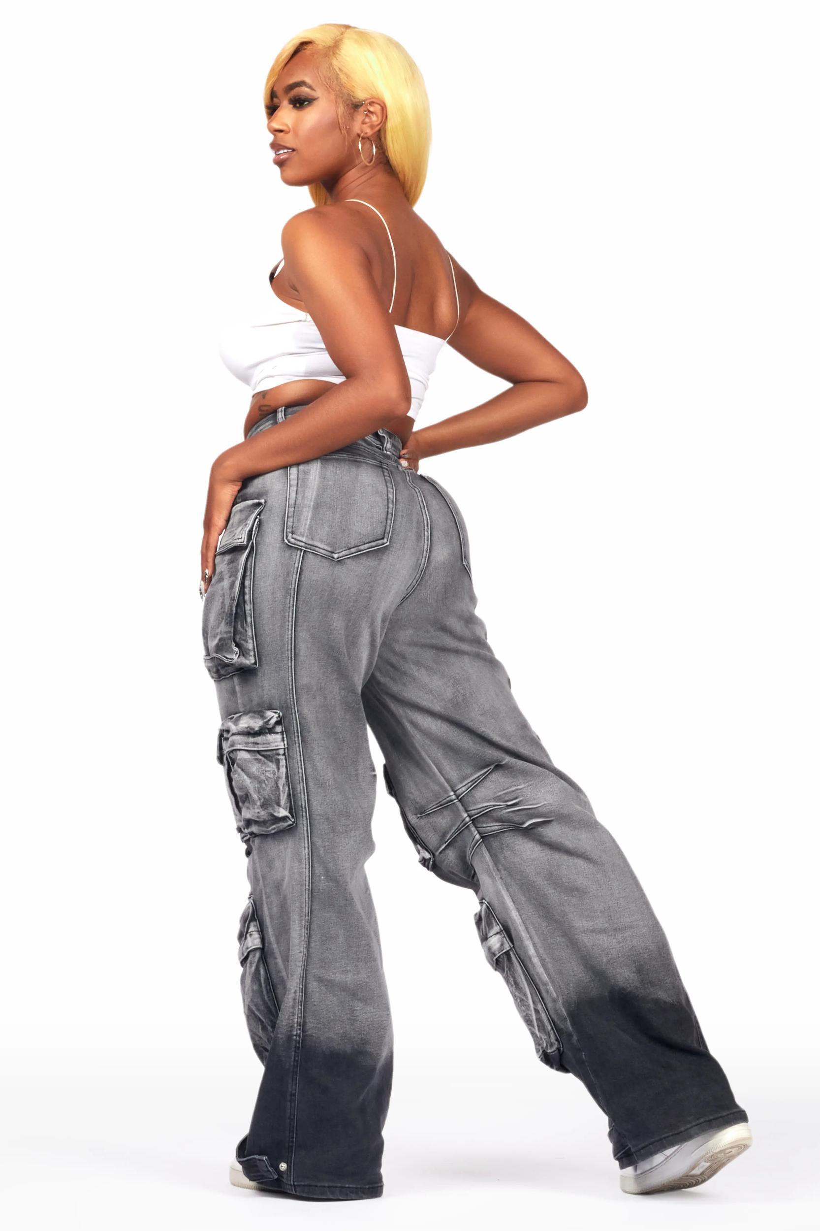 Nakia Grey Wash Cargo Wide Leg Jean Female Product Image