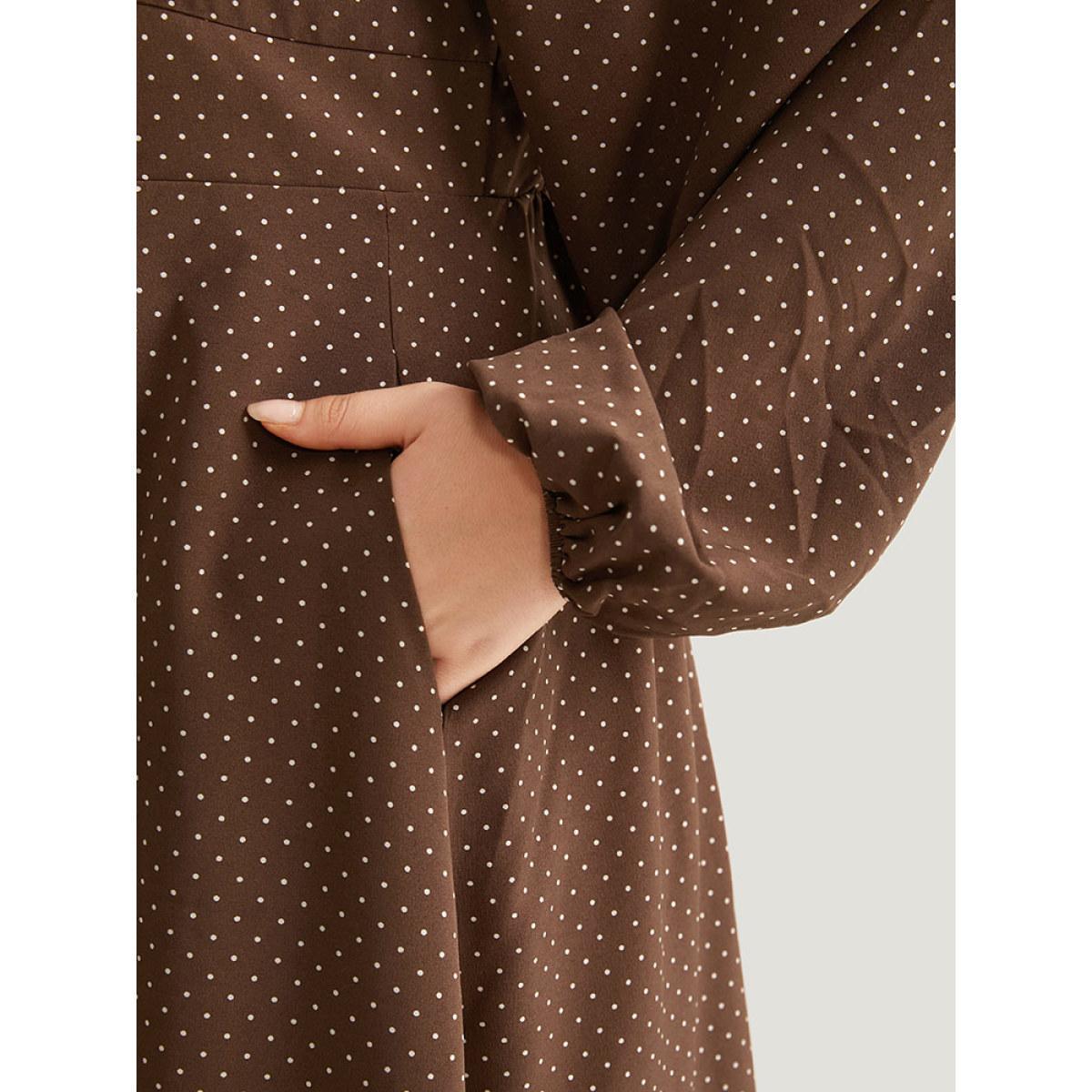 Plus Size Polka Dot Knot Neck Lantern Sleeve Dress DarkBrown Women Elegant Elastic cuffs Tie Neck Long Sleeve Curvy Midi Dress BloomChic 30/6X Product Image