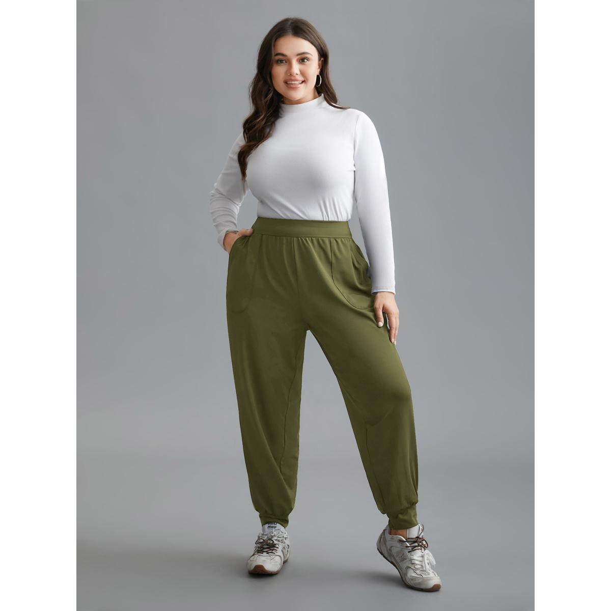 Plus Size Elastic Waist Mid-Rise Yoga Jogger Pants Women ArmyGreen Casual Mid Rise Everyday Pants BloomChic 14-16/1X Product Image