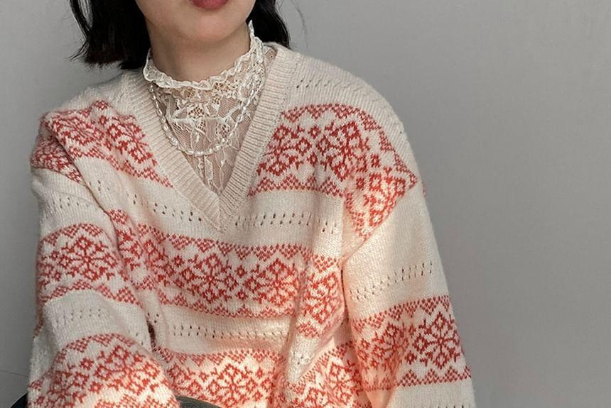 V-Neck Patterned Sweater Product Image