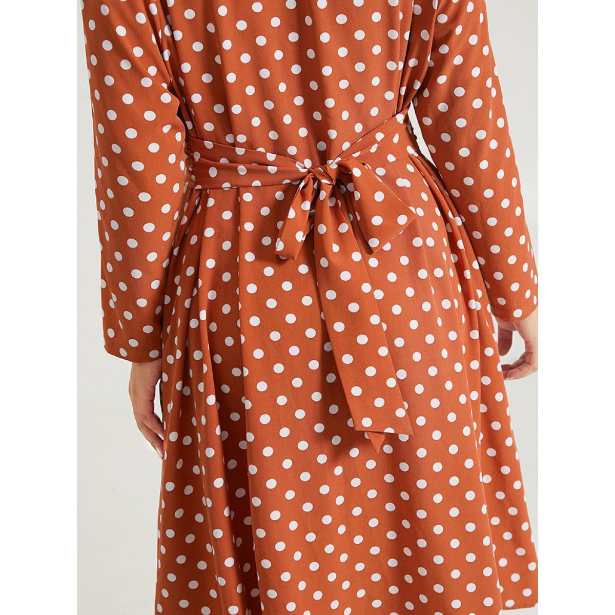 Plus Size Polka Dot Pocket V Neck Twist Front Ties Dress Salmon Women Elegant Cross straps V-neck Long Sleeve Curvy Midi Dress BloomChic 28/5X Product Image