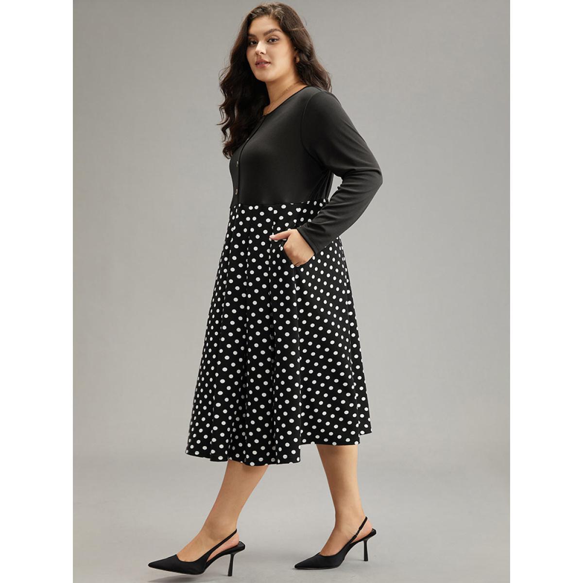 Plus Size Polka Dot Pocket Button Up Patchwork Dress Black Women Office Contrast Round Neck Long Sleeve Curvy Midi Dress BloomChic 12/L Product Image