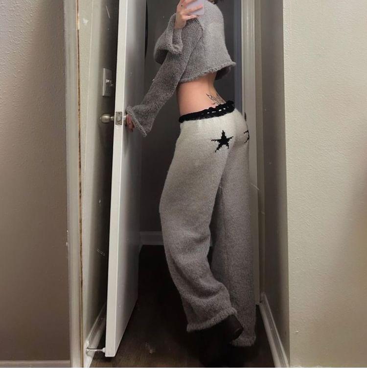 Drawstring Waist Star Patterned Knit Wide Leg Pants Product Image