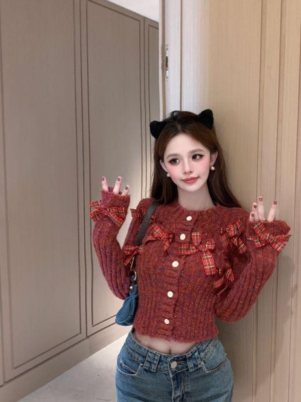 Crew Neck Bow Melange Cardigan Product Image