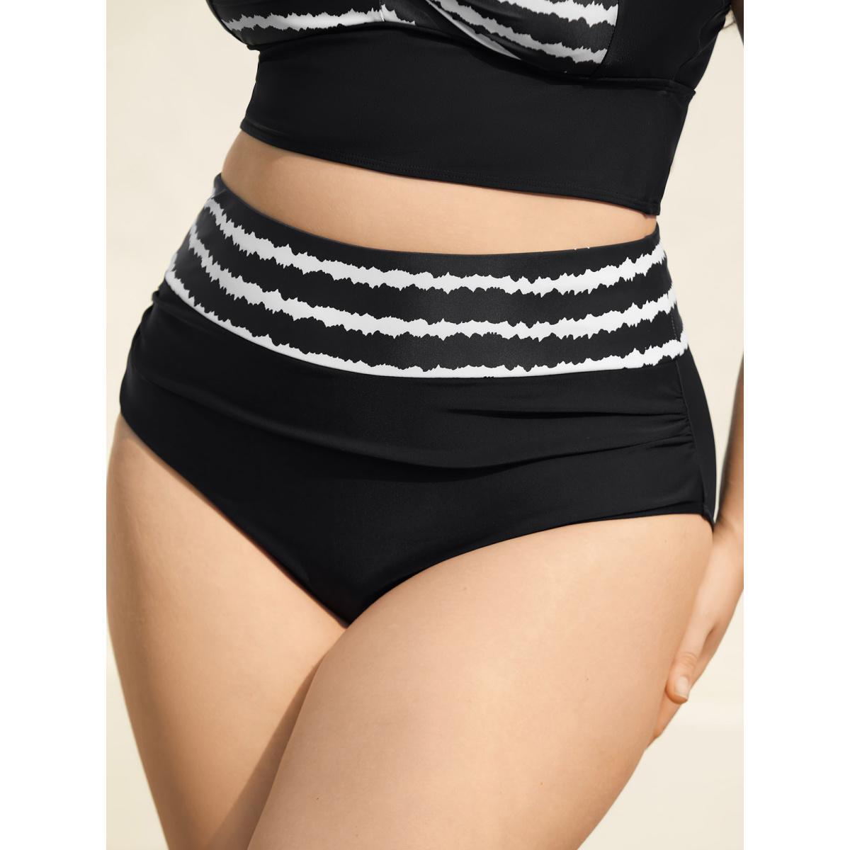Plus Size Striped Waist Pleated Swim Bottoms Women's Swimwear Black Beach Gathered High stretch Skinny High Rise Curve Swim Bottoms BloomChic 10/M Product Image