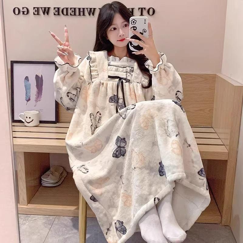 Long Sleeve  Square Neck Patterned Bow Ruffle Coral Fleece Pajama Dress Product Image