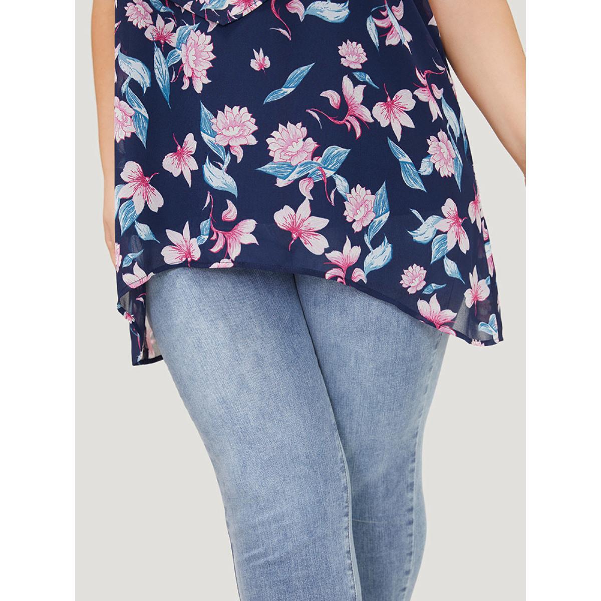 Plus Size Indigo Floral Print Ruffle Trim Asymmetrical Hem Blouse Women Elegant Short sleeve Round Neck Dailywear Blouses BloomChic 26/4X Product Image