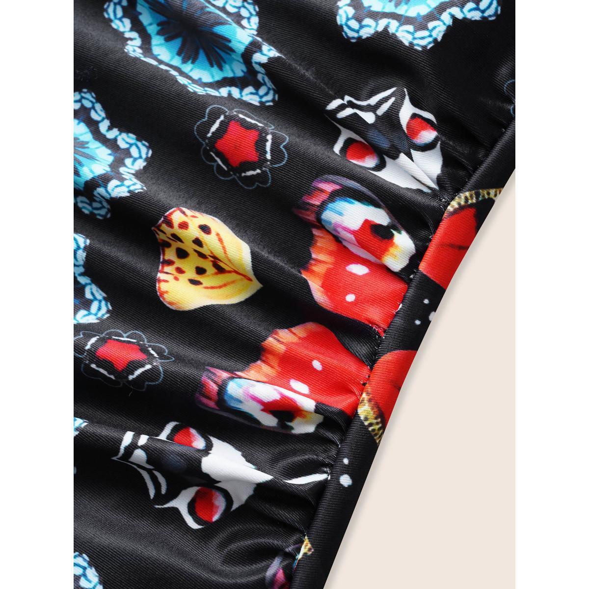 Plus Size Overlap Collar Boho Print Gathered One Piece Swimsuit Women's Swimwear Black Beach Gathered Curve Bathing Suits High stretch One Pieces BloomChic 30/6X Product Image