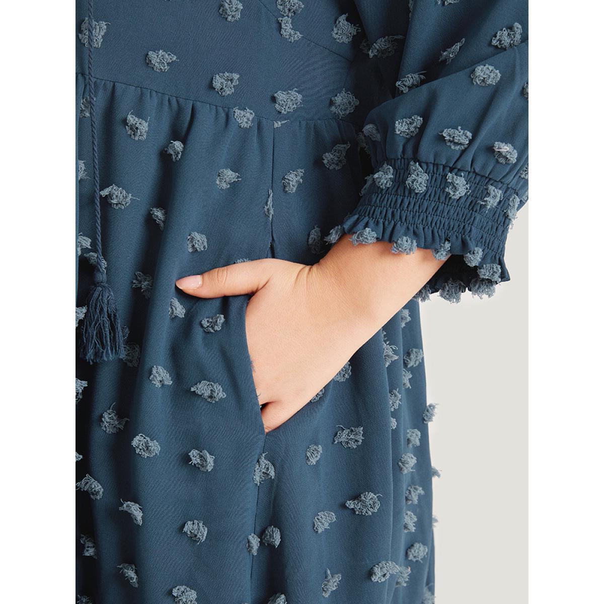 Plus Size Polka Dot Tassels Ties Shirred Cuffs Pocket Dress DarkBlue Women Office Elastic cuffs V-neck Elbow-length sleeve Curvy Midi Dress BloomChic 22-24/3X Product Image