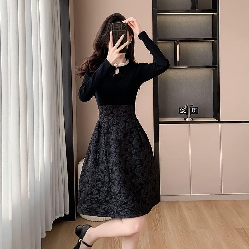 Long-Sleeve Crewneck Jacquard Knit A-Line Dress Product Image