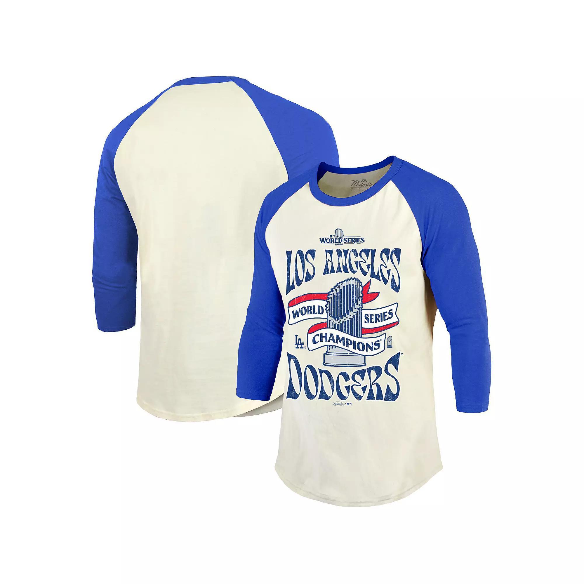 Men's Majestic Threads Cream/Royal Los Angeles Dodgers 2024 World Series Champions 3/4-Sleeve Raglan Tri-Blend T-Shirt, Size: 3XL, Beige Product Image