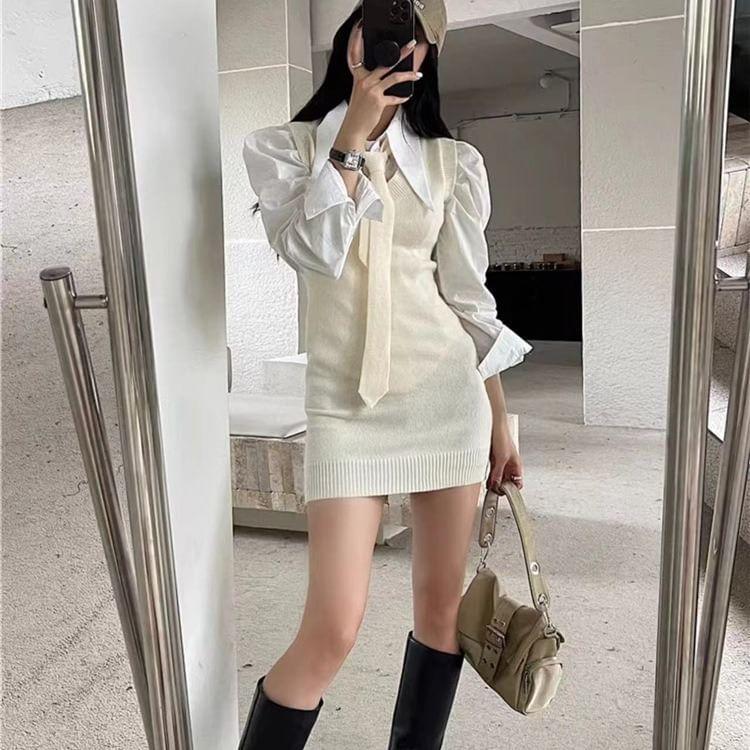 Set: Sleeveless V-Neck Plain Knit Mini Sheath Dress + Necktie Product Image