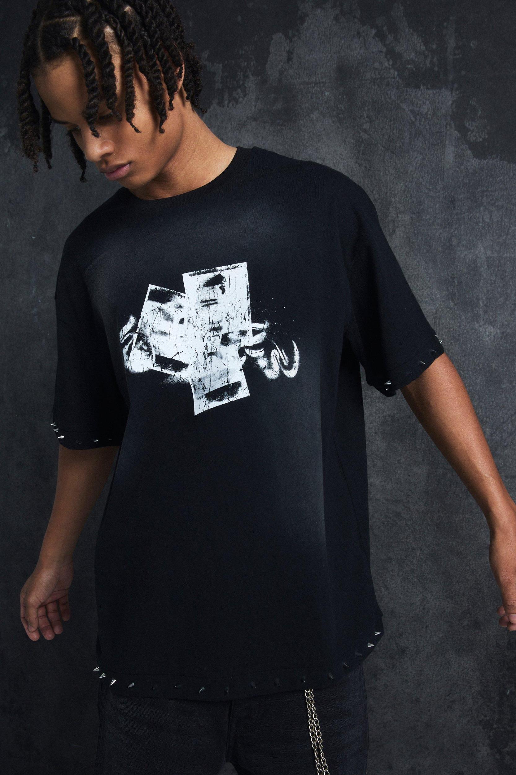 Mens White Trippie Redd Oversized Boxy Washed Heavy Weight Ring Detail T-Shirt, White Product Image