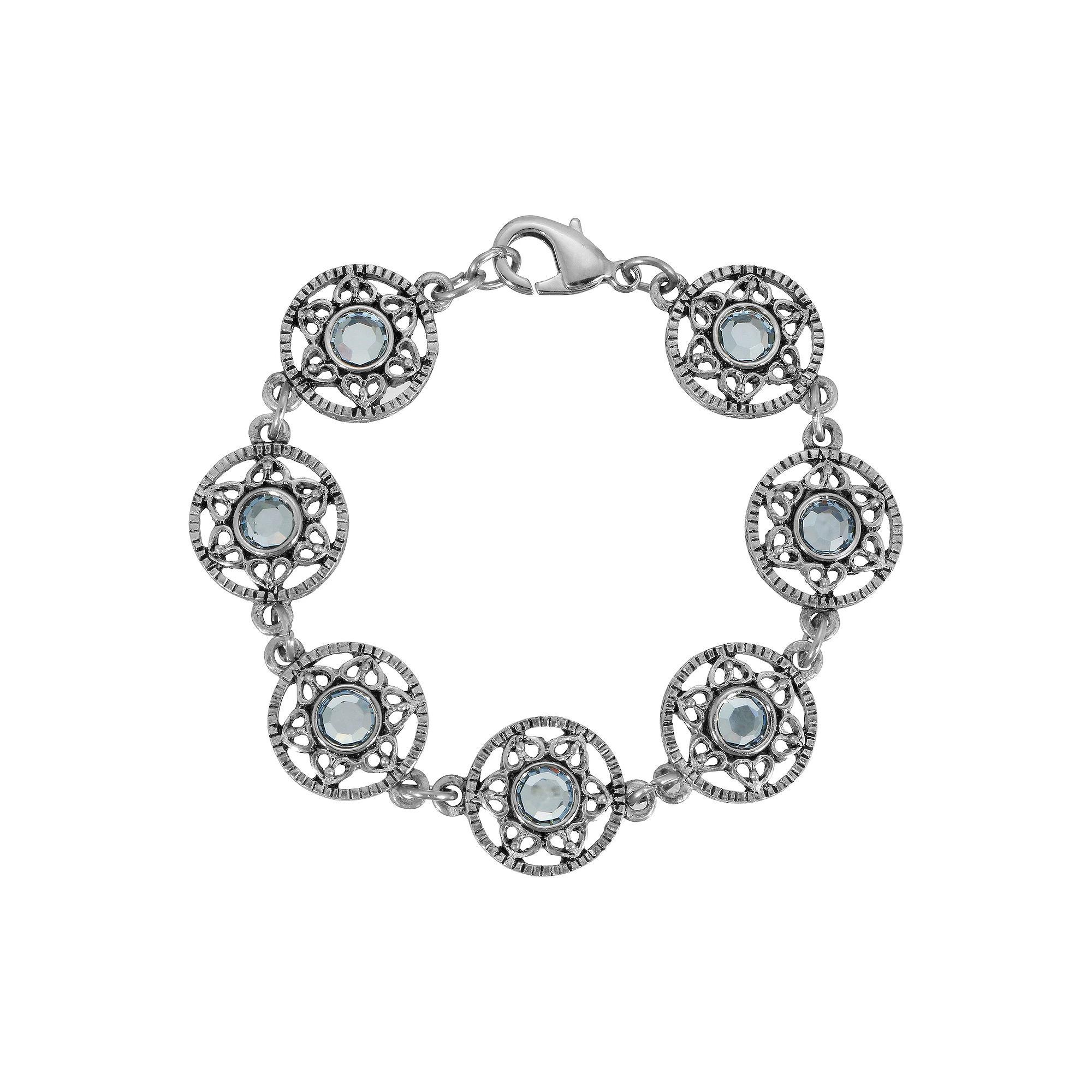 1928 Silver Tone Light Blue Stone Flower Bracelet, Womens Product Image