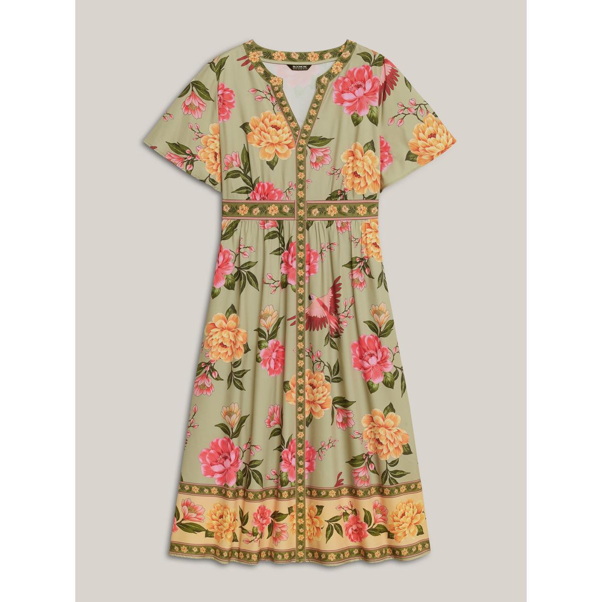Plus Size Floral Contrast Hem Split Neck Midi Dress Sage Women Flat collar with V-notch Short sleeve Curvy BloomChic 28/5X Product Image