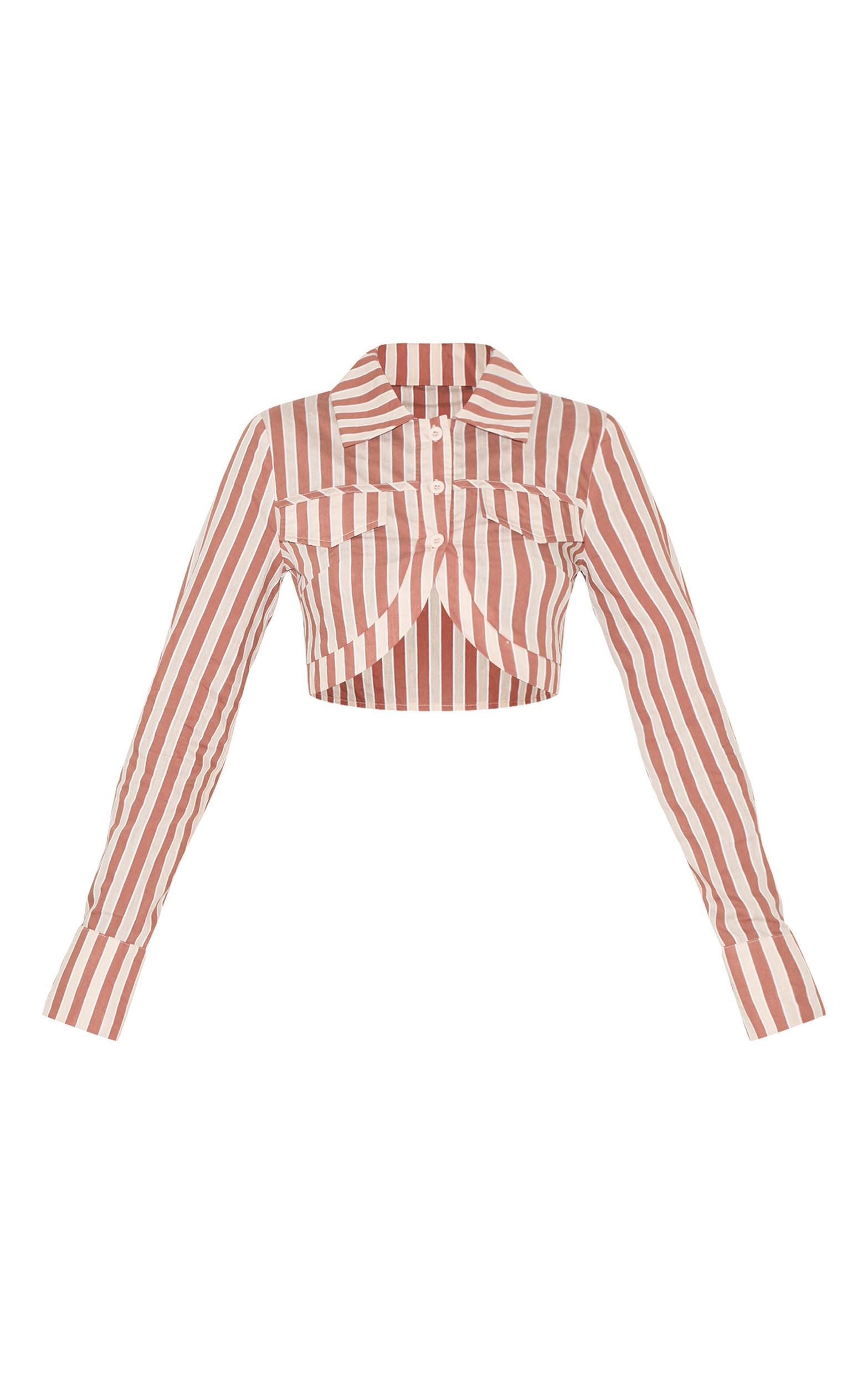 Brown Striped Curved Hem Cropped Shirt Product Image
