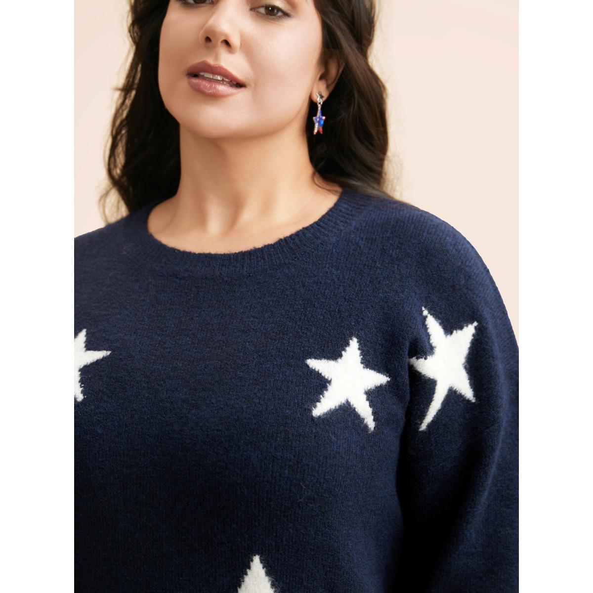 Plus Size Star Jacquard Crew Neck Pullover Indigo Women Casual Loose Long Sleeve Round Neck Everyday Pullovers BloomChic 26/4X Product Image