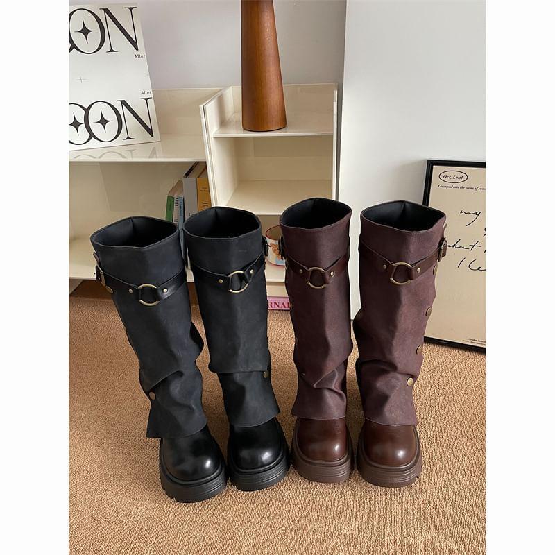Platform Buckled Panel Knee High Boots Product Image