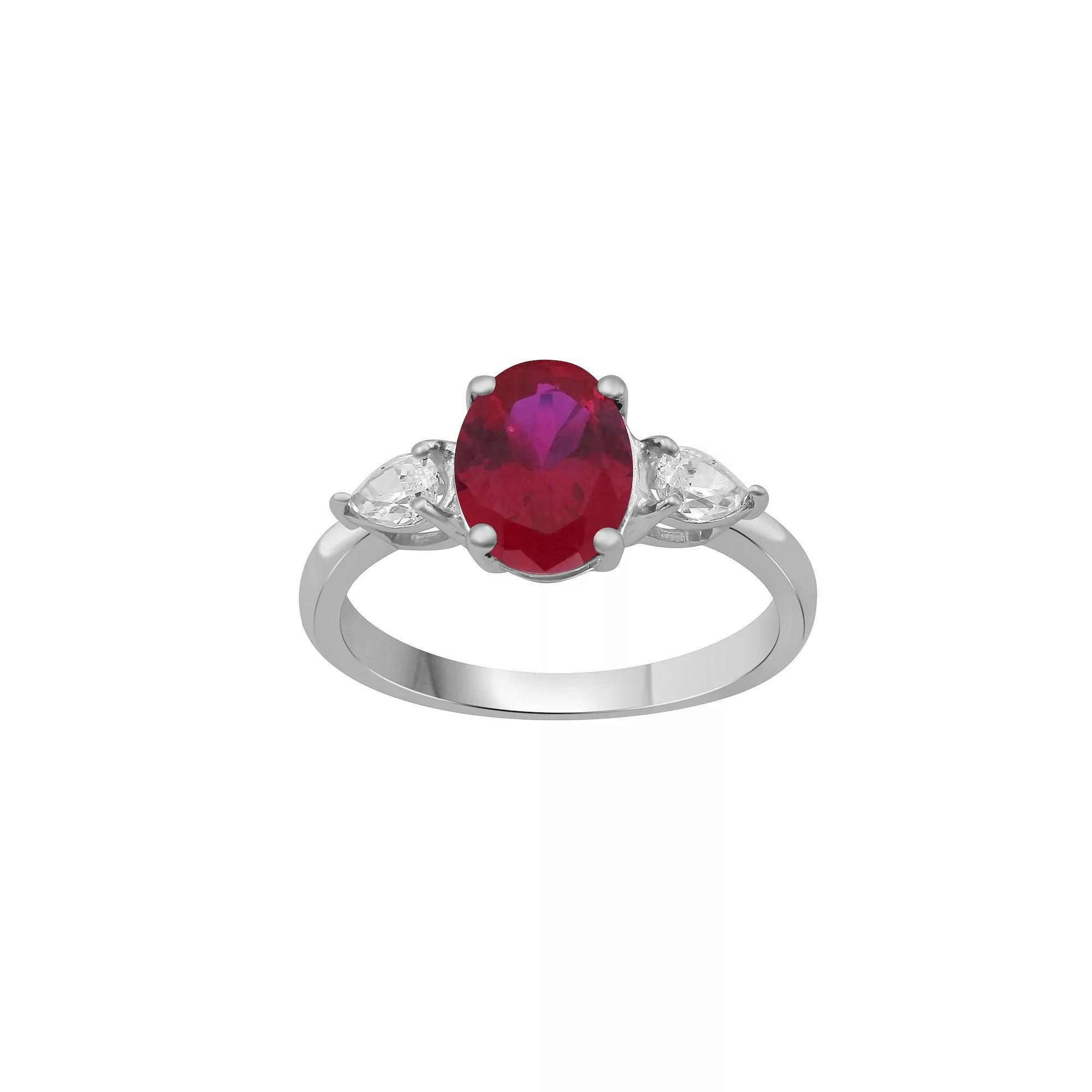Jewelexcess Sterling Silver Lab-Created Gemstone & Lab-Created White Sapphire 3-Stone Ring, Women's, Size: 7, Created Red Product Image