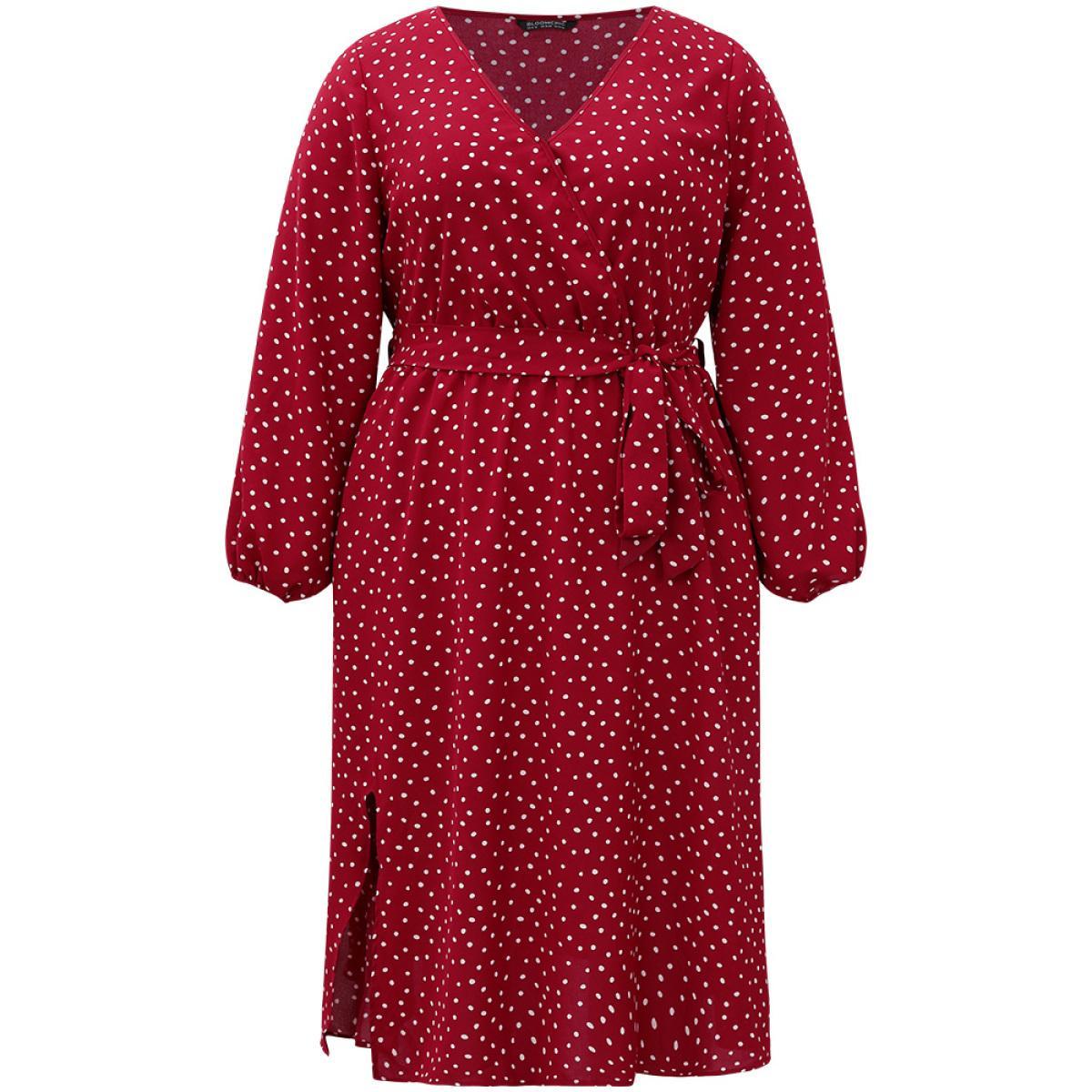 Plus Size Polka Dot Split Side Belted Lantern Sleeve Dress Scarlet Women Elegant Elastic cuffs V-neck Long Sleeve Curvy Midi Dress BloomChic 22-24/3X Product Image