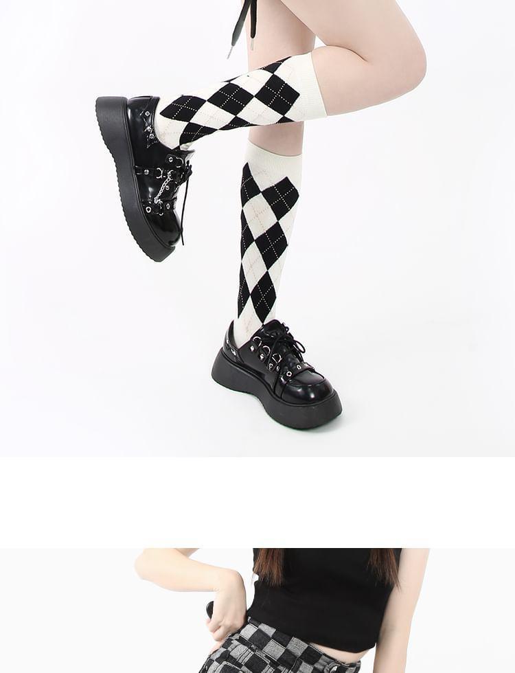 High Waist Checkerboard Lace-Up Denim Wide Leg Shorts Product Image