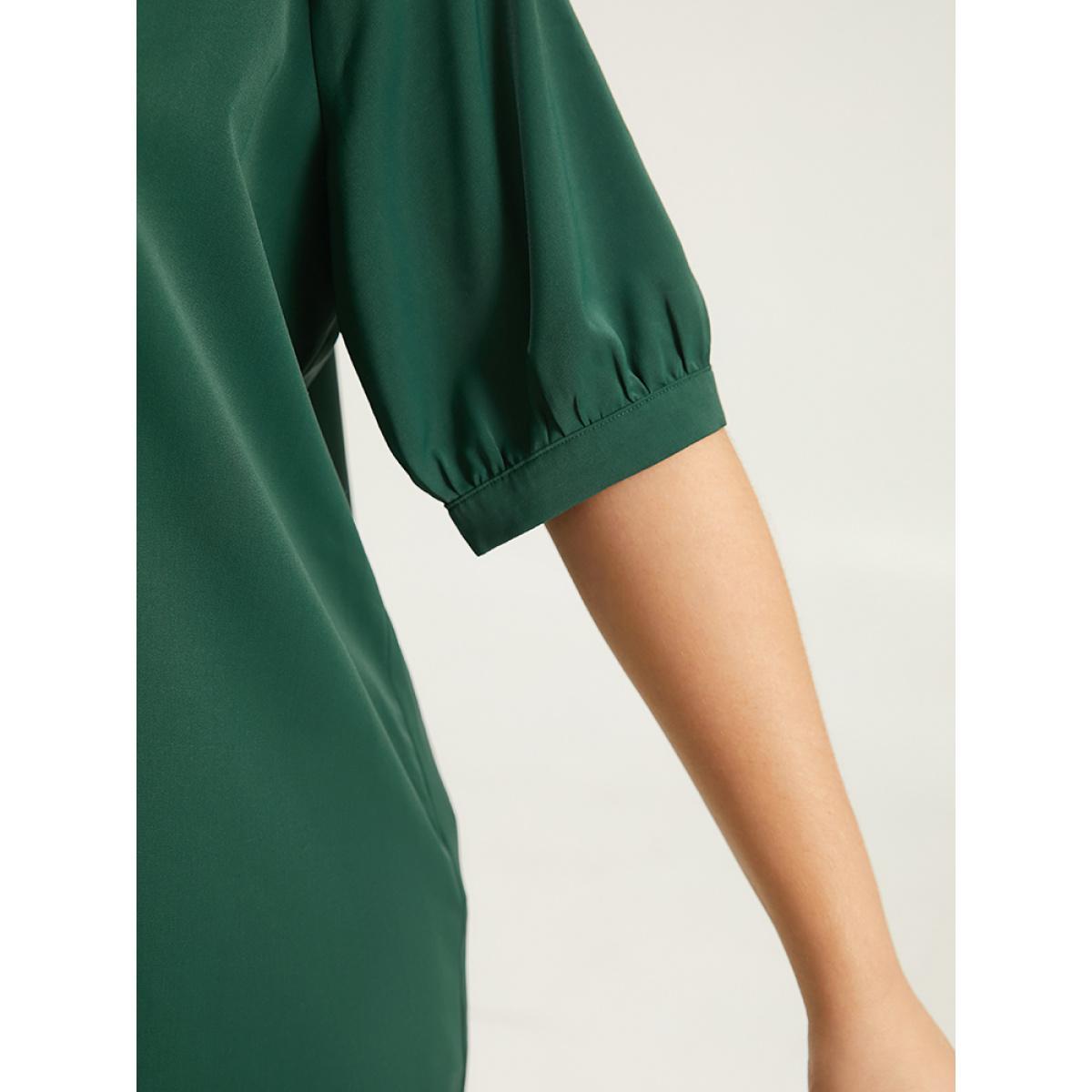Plus Size DarkGreen Button Detail Plicated Detail Blouse Women Office Half Sleeve V-neck Work Blouses BloomChic 30/6X Product Image