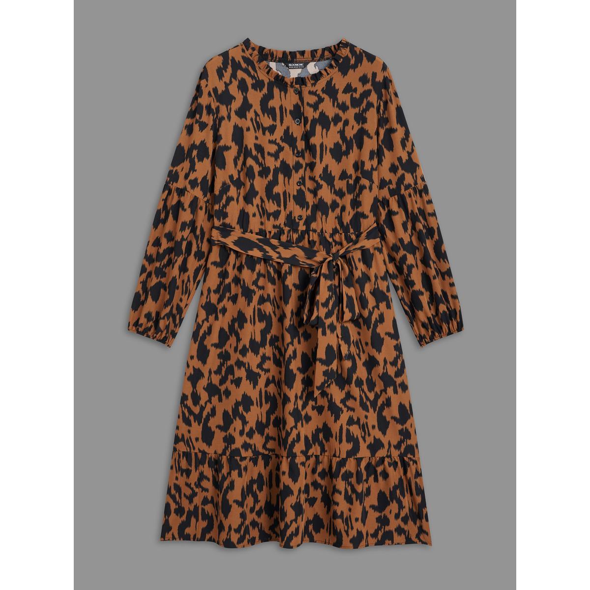 Plus Size Leopard Print Stretchy Waist Belted Dress Yellowishbrown Women Elegant Belted Stand-up collar Long Sleeve Curvy BloomChic 26/4X Product Image