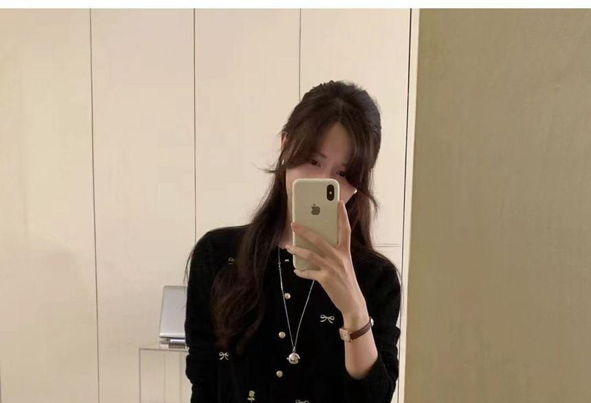 Crew Neck Bow Embroidered Button-Up Cardigan Product Image