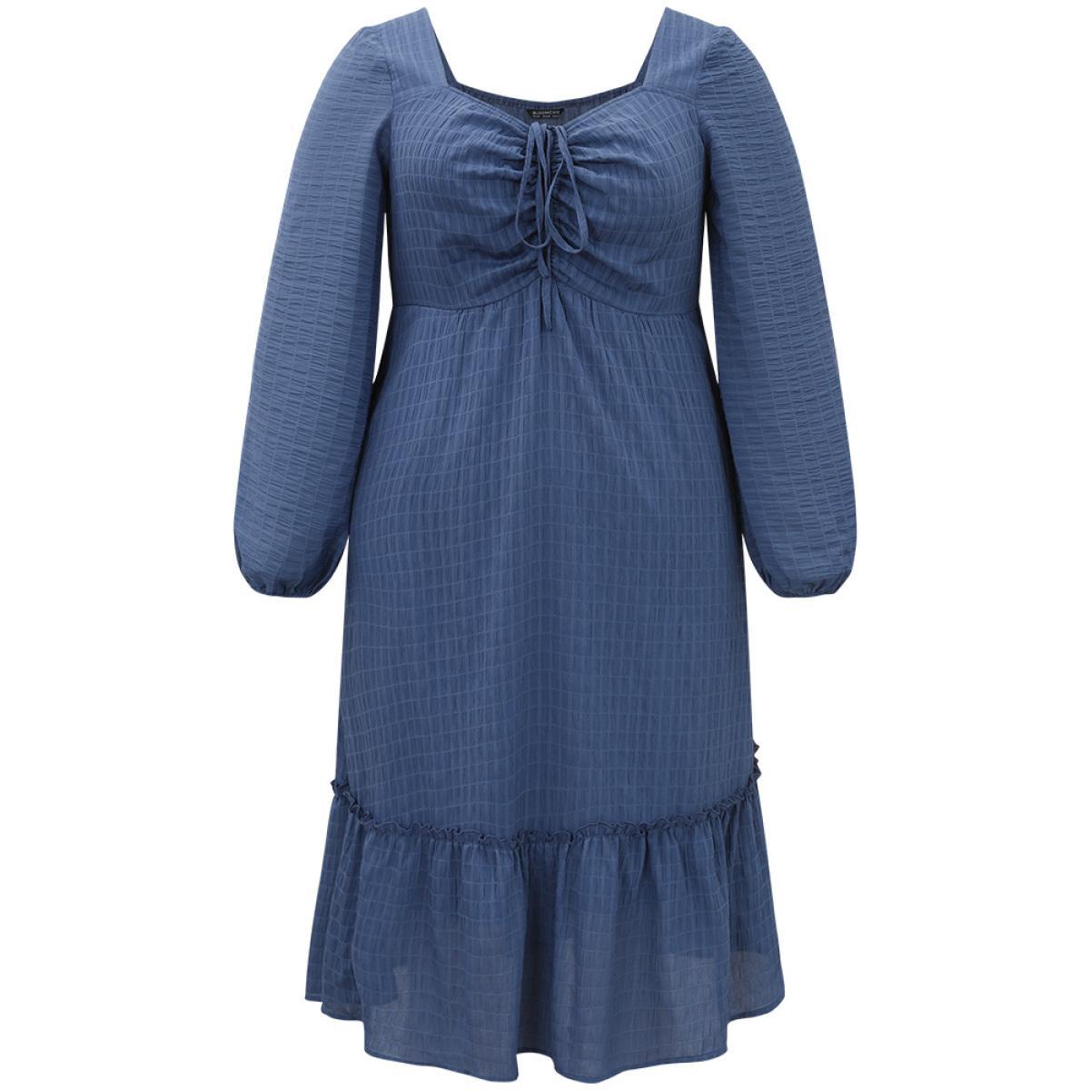 Plus Size Solid Plisse Ties Frill Trim Ruched Dress Cerulean Women Elegant Elastic cuffs Tie Neck Long Sleeve Curvy Midi Dress BloomChic 14-16/1X Product Image