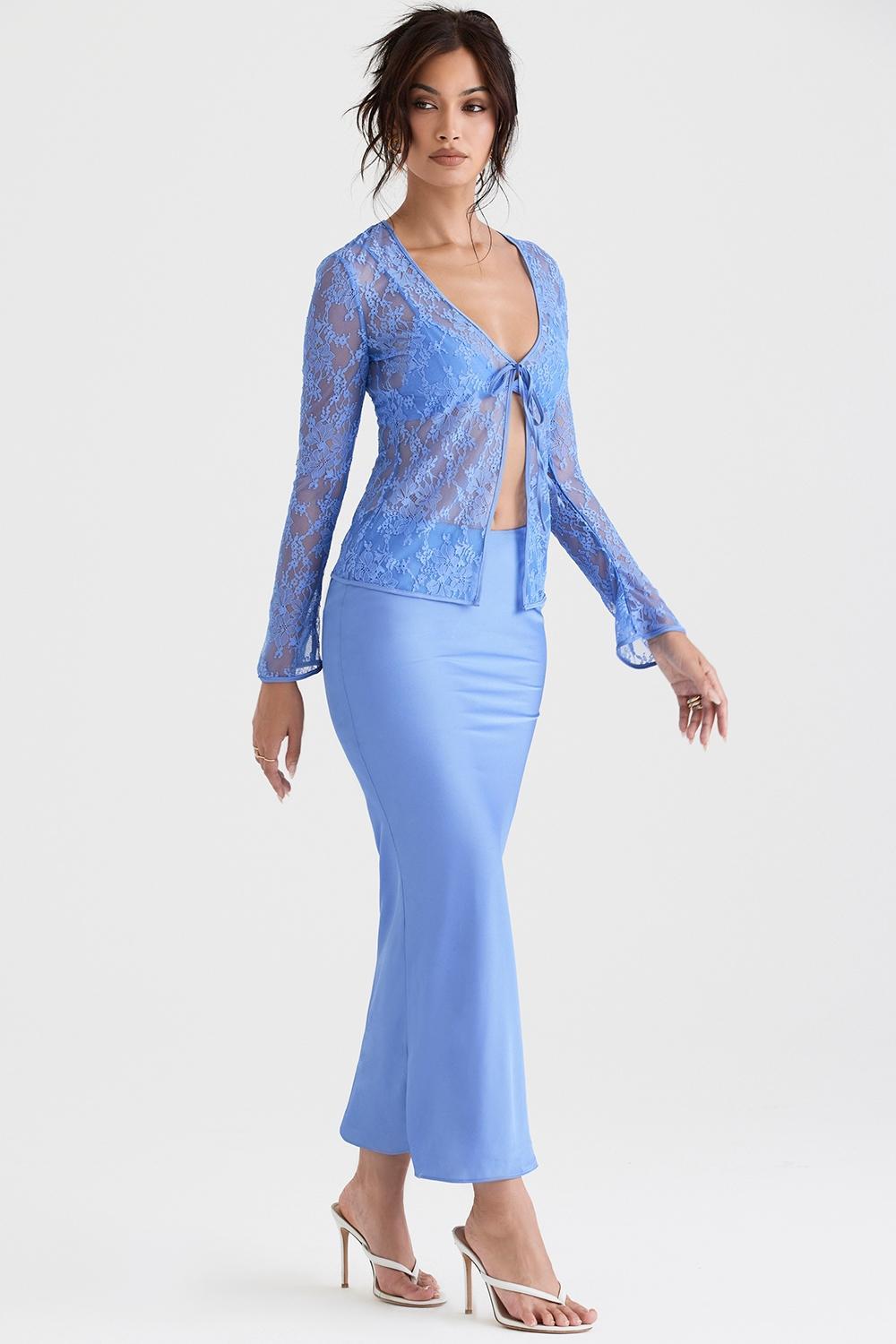 Clara Blue Satin Bias Cut Midi Skirt Product Image