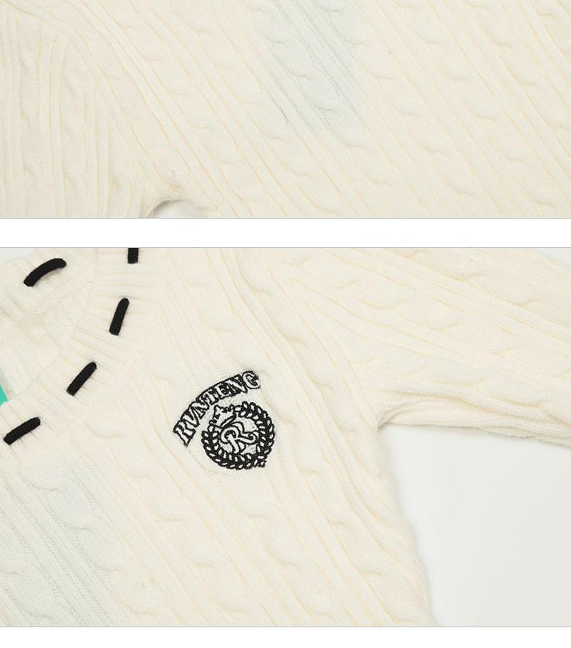 Long Sleeve Round Neck Striped Lettering Embroidered Cable Knit Mini A-Line Dress Product Image