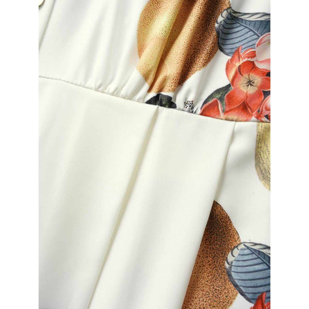 Plus Size Citrus Square Neck Fruit Print Button Detail Dress Multicolor Women Elegant Button Square Neck Short sleeve Curvy Midi Dress BloomChic 12/L Product Image