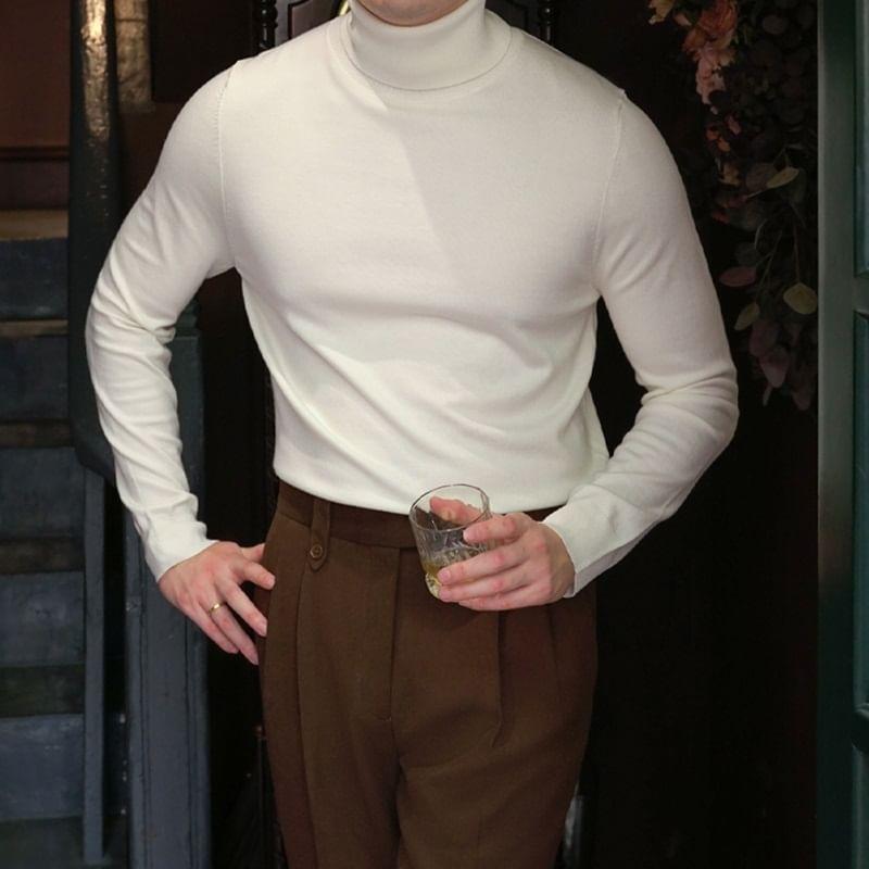 Long-Sleeve Turtleneck Plain Knit Top Product Image