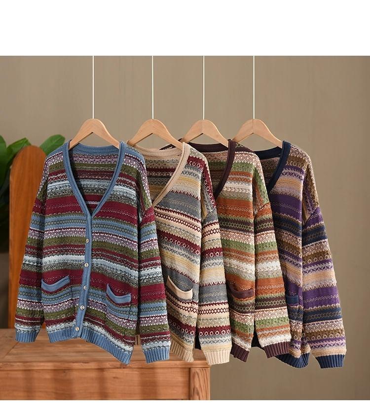 V-Neck Color Block Cardigan Product Image