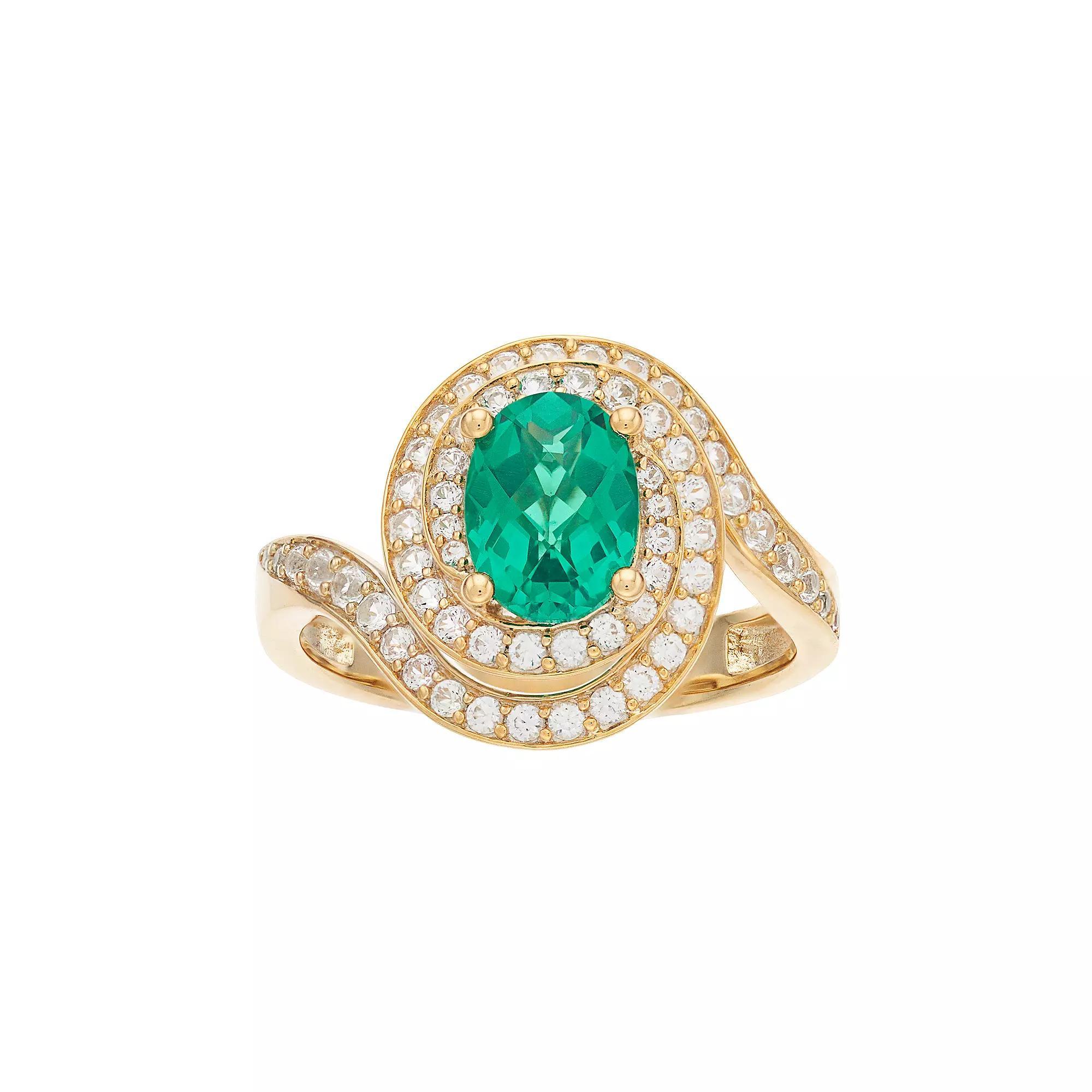 14k Gold Over Silver Lab-Created Emerald & White Sapphire Oval Halo Ring, Women's, Size: 6, Gold Tone Product Image