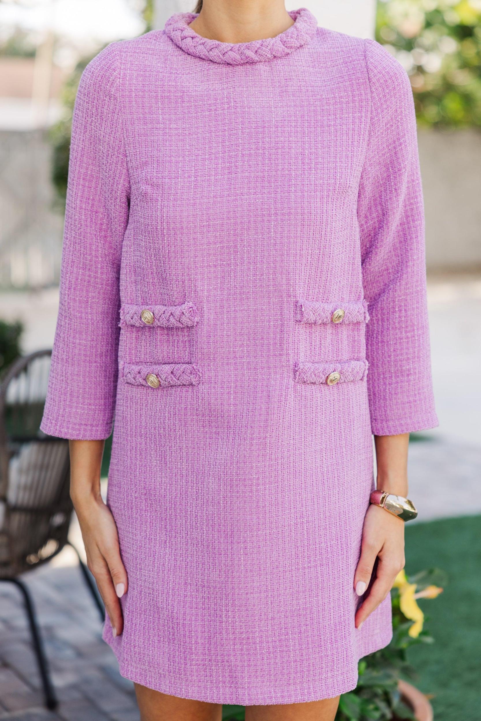 Ask You Out Lavender Tweed 3/4 Sleeve Dress Female Product Image