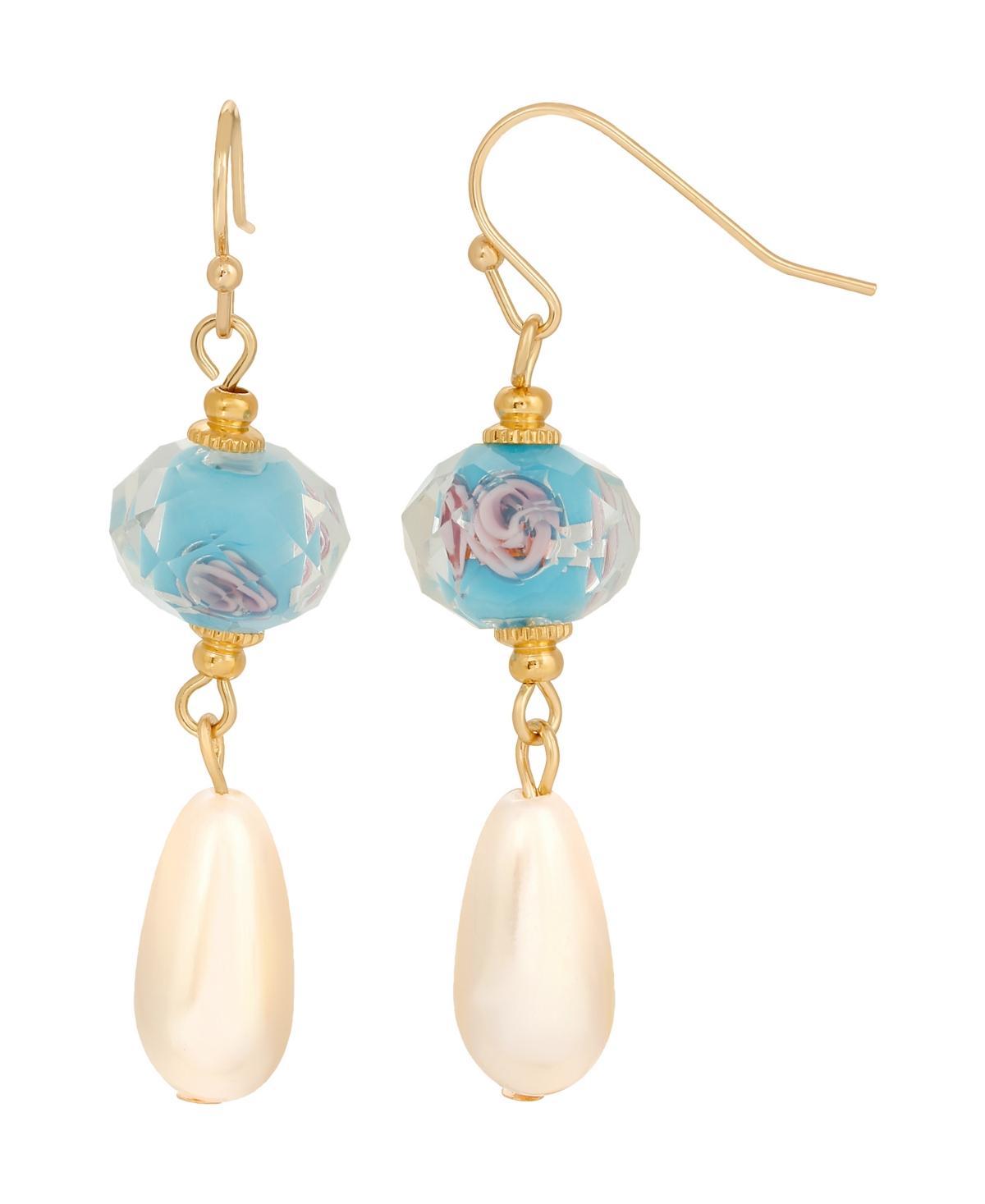 1928 Gold Tone Simulated Crystal and Pearl Drop Earrings, Womens, Blue Product Image