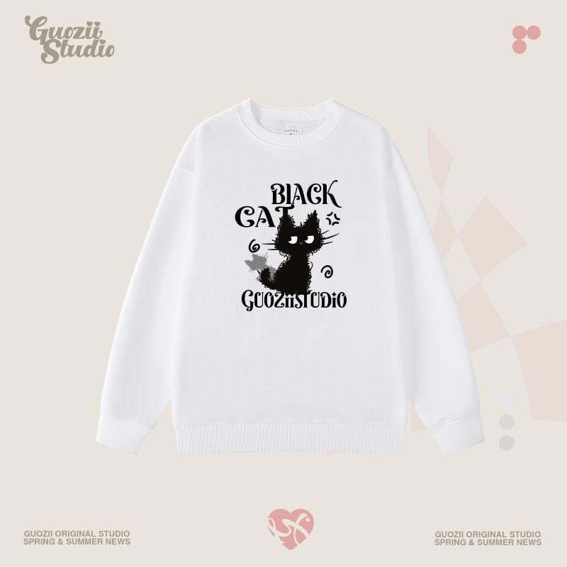 Round Neck Cat Print Sweatshirt Product Image