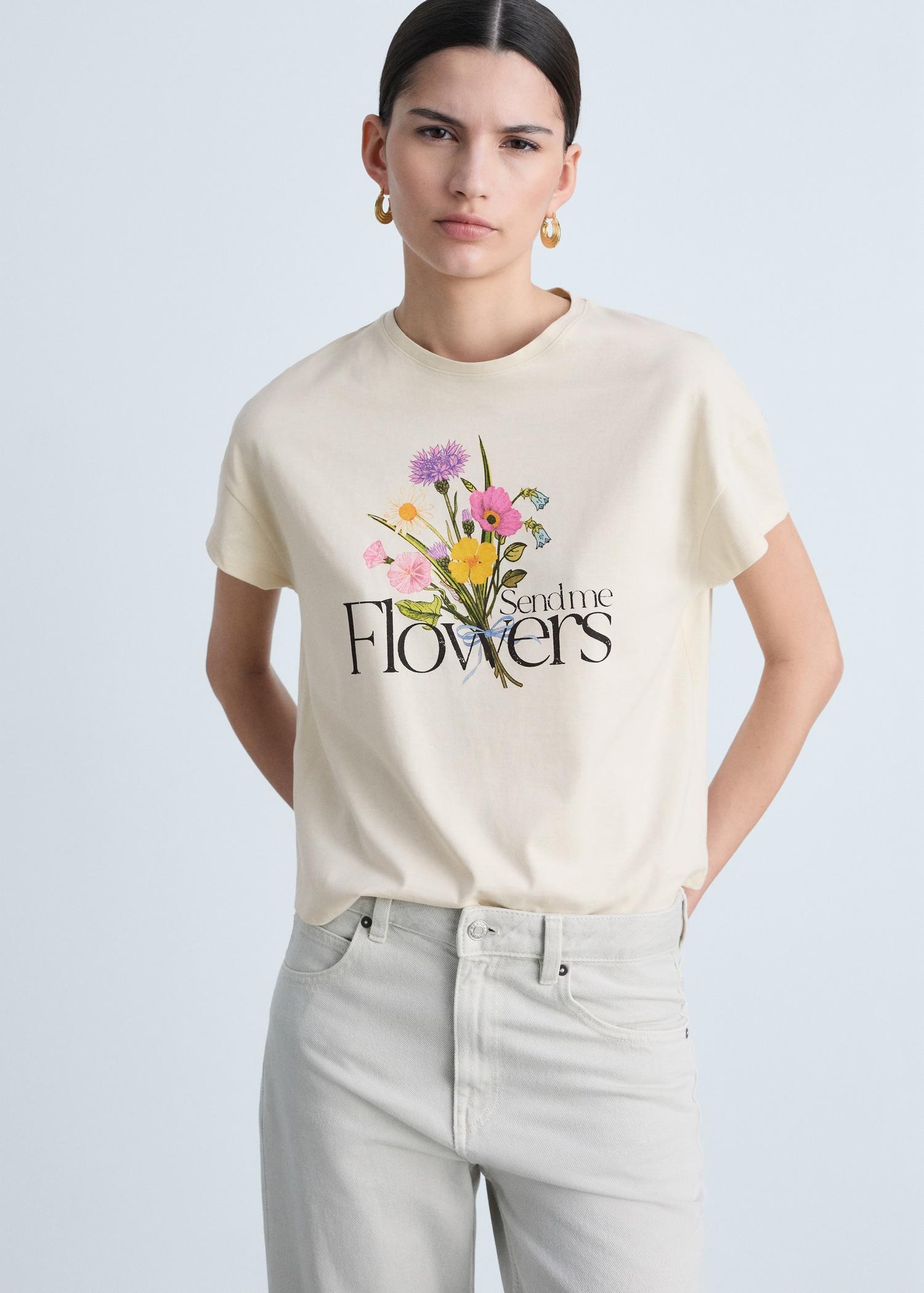Cotton t-shirt with printed message - Women | MANGO USA Product Image