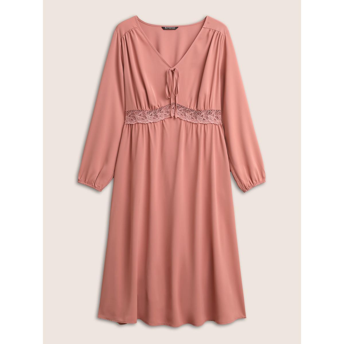 Plus Size Lace Insert Pocket Bowknot Hollow Out Dress DustyPink Women Elegant Elastic cuffs V-neck Long Sleeve Curvy Midi Dress BloomChic 22-24/3X Product Image