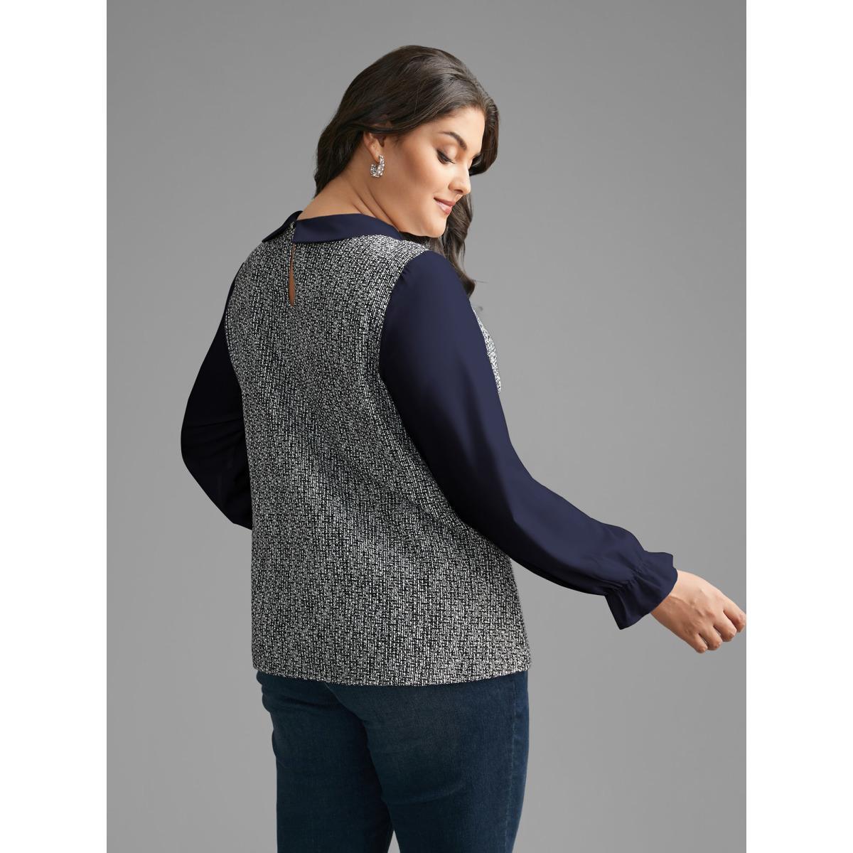 Plus Size Indigo Tweed Patchwork Lantern Sleeve Blouse Women At the Office Long Sleeve Shirt collar Work Blouses BloomChic 26/4X Product Image