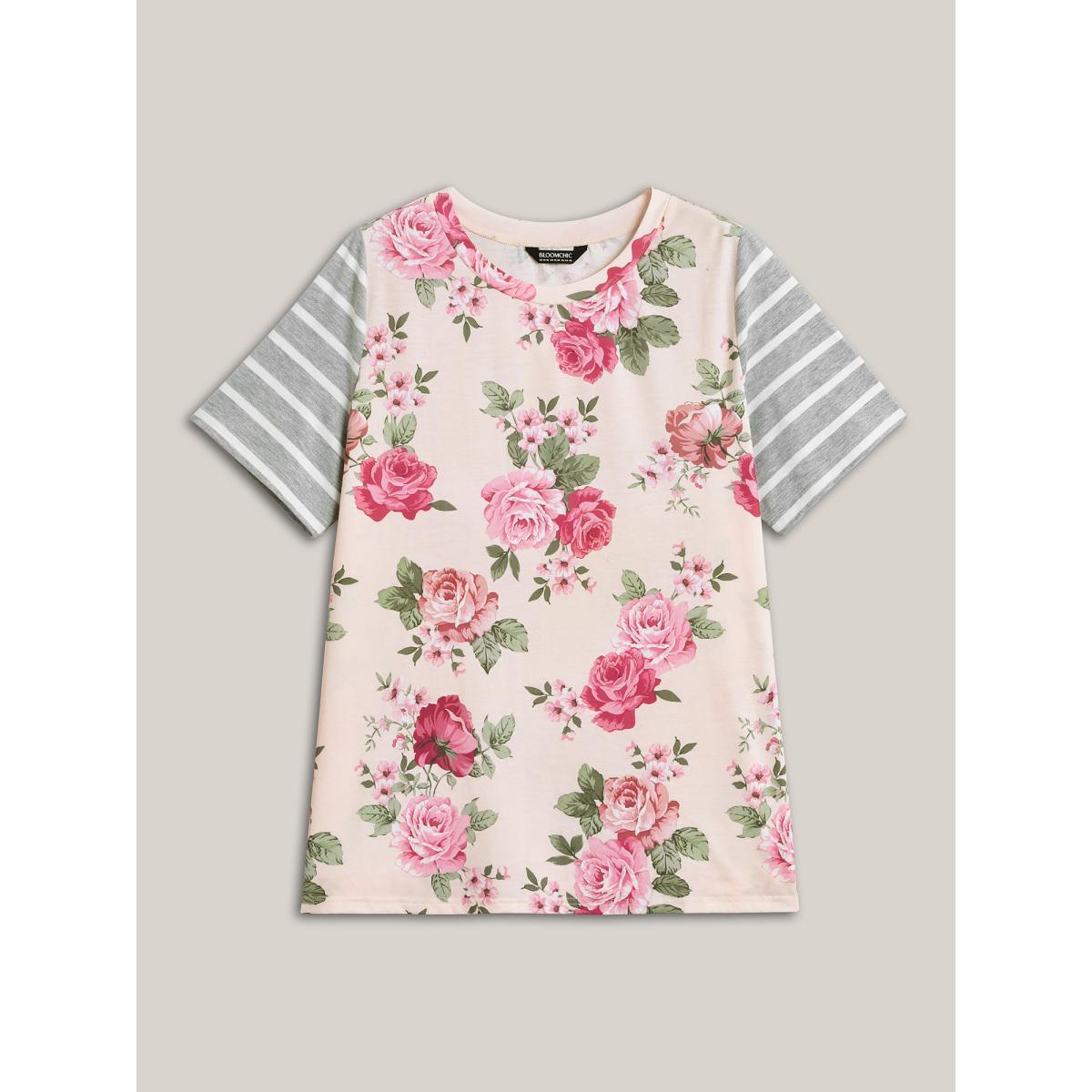 Plus Size Floral Striped Stretchy Crew Neck T-Shirt Multicolor Women Casual Contrast Natural Flowers Round Neck Everyday T-shirts BloomChic 14-16/1X Product Image