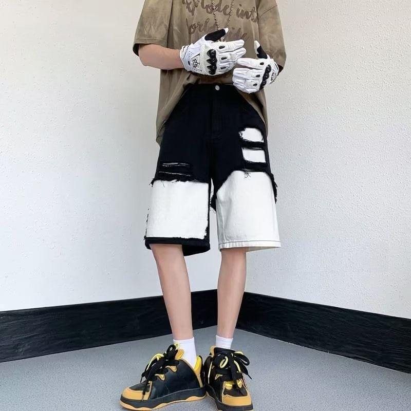 Mid Rise Distressed Panel Denim Shorts Product Image