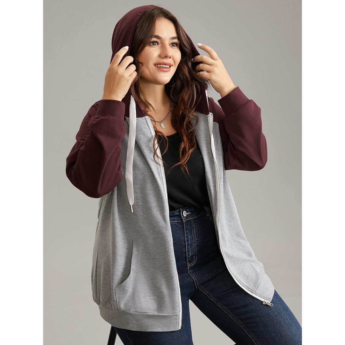 Plus Size Contrast Raglan Sleeve Zipper Hooded Sweatshirt Women Gray Casual Contrast Hooded Dailywear Sweatshirts BloomChic 10/M Product Image