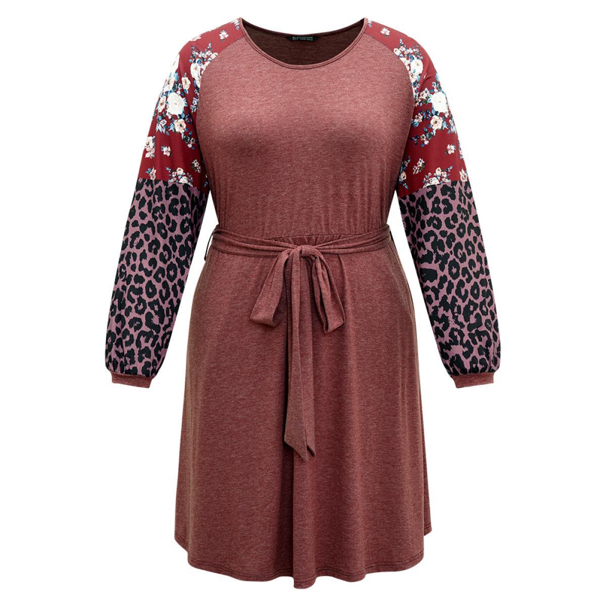 Plus Size Floral Leopard Patchwork Belted Lantern Sleeve Dress DustyPink Women Casual Belted Round Neck Long Sleeve Curvy Midi Dress BloomChic 22-24/3X Product Image