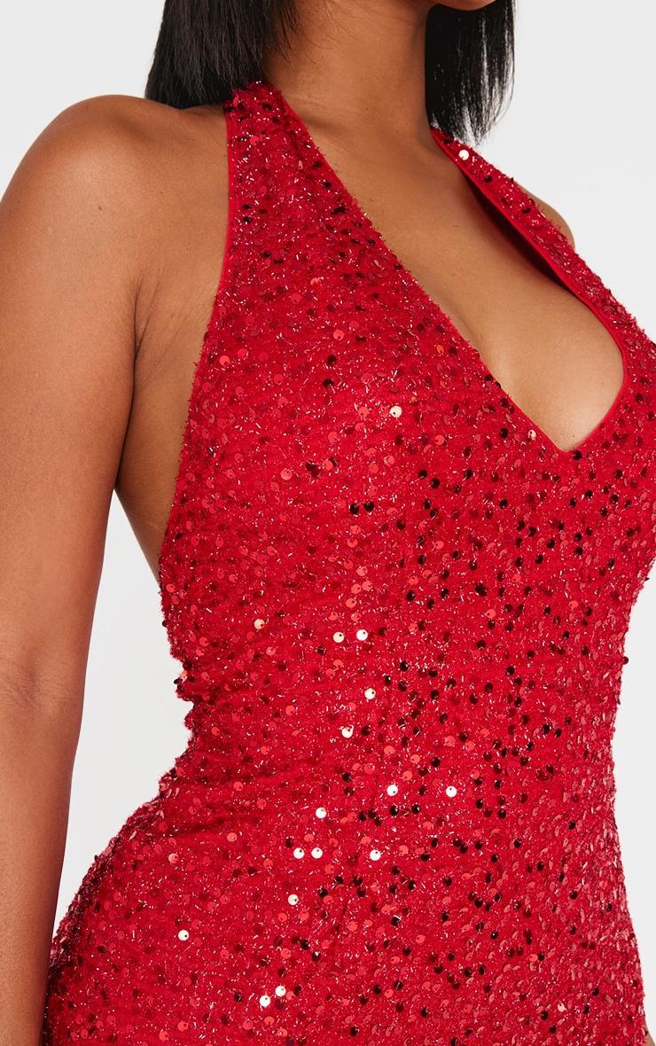 Shape Red Sequin Halter Neck Deep Plunge Maxi Dress Product Image