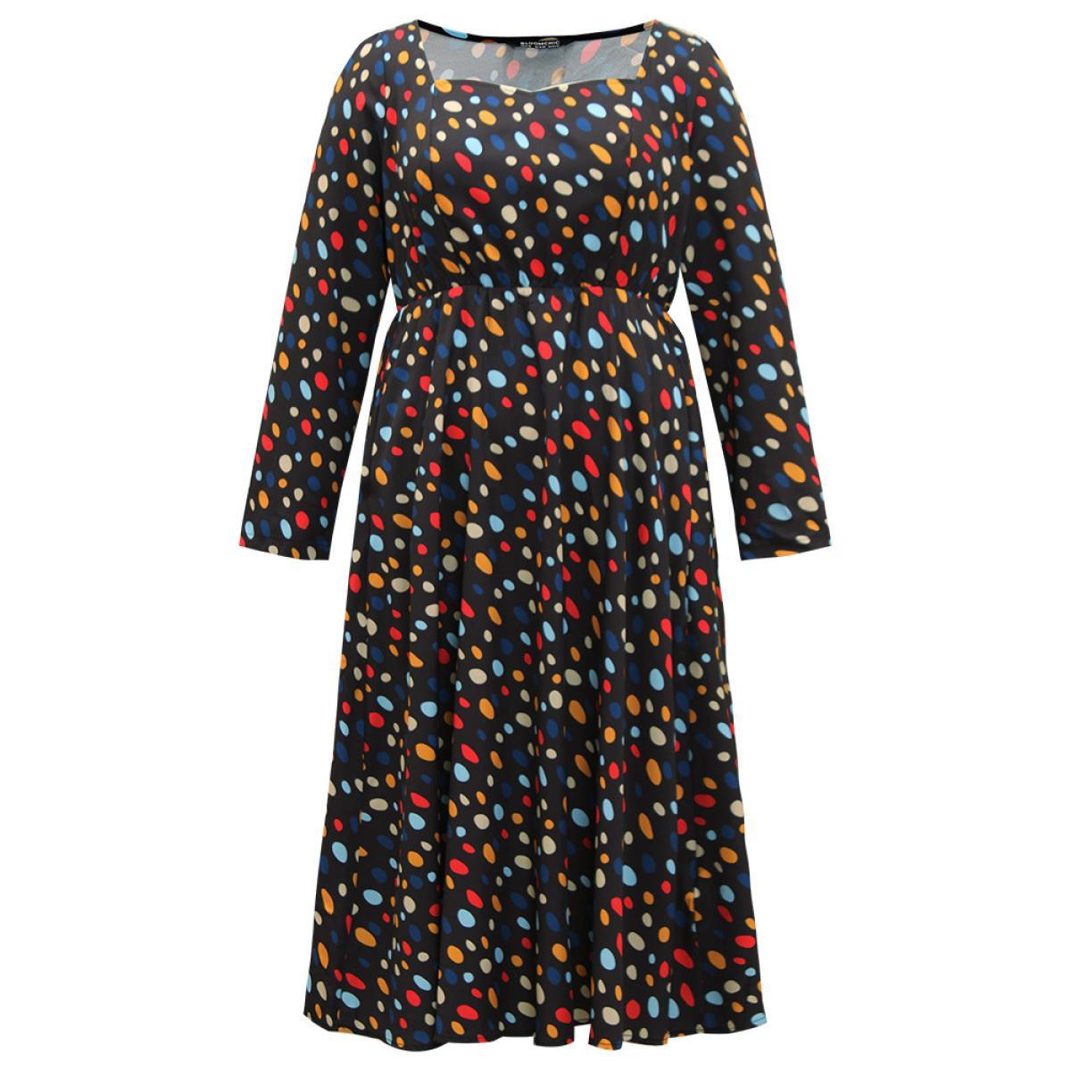 Plus Size Contrast Polka Dot Pocket Long Sleeve Dress Black Women Elegant Printed Square Neck Long Sleeve Curvy Midi Dress BloomChic 30/6X Product Image