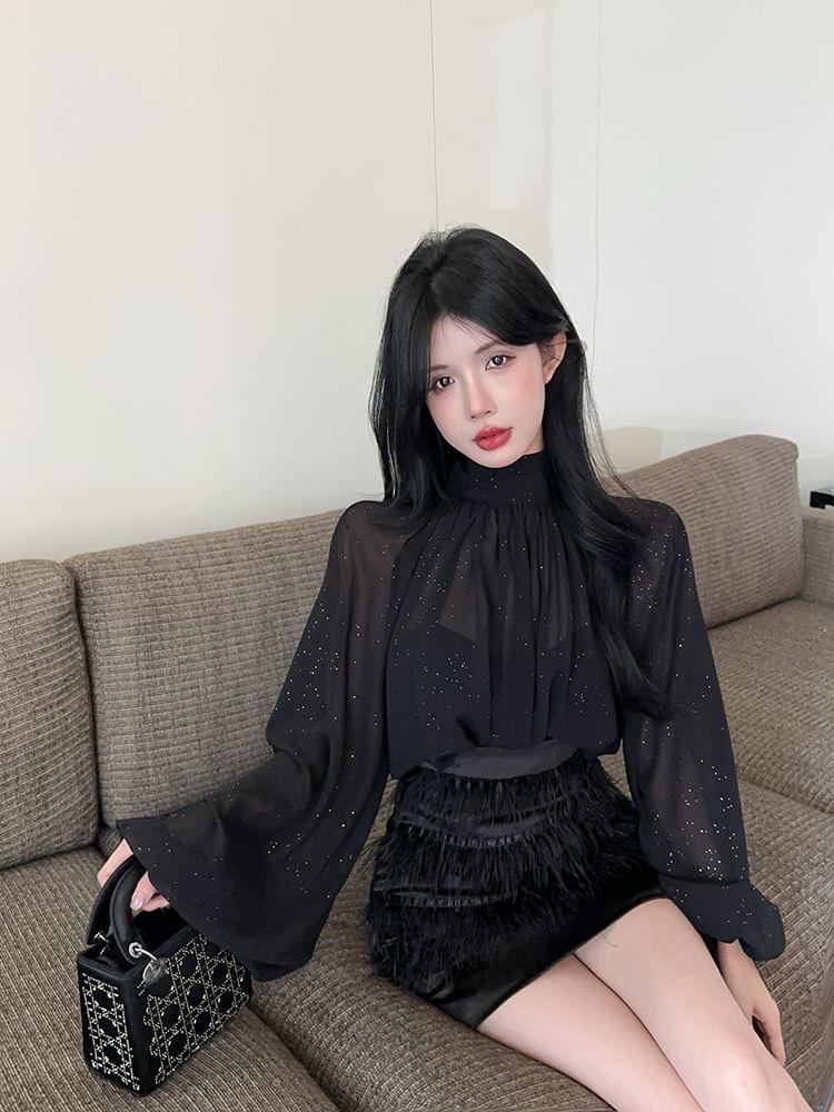 Long-Sleeve Mock Neck Plain Glitter Blouse / High Rise Fringe Mini Pencil Skirt Product Image