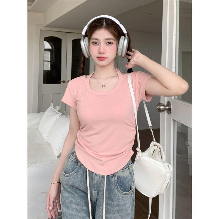 Short Sleeve Halter-Neck Plain Slim-Fit Crop Top Product Image