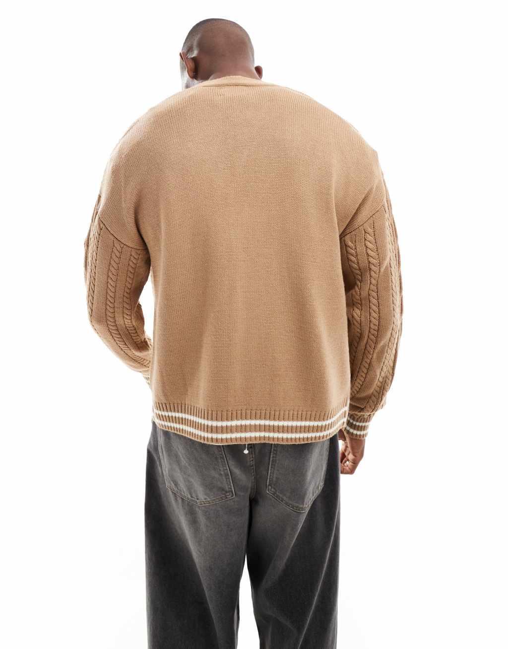 ASOS DESIGN relaxed boxy fit cable knitted cardigan in stone with ecru tipping Product Image
